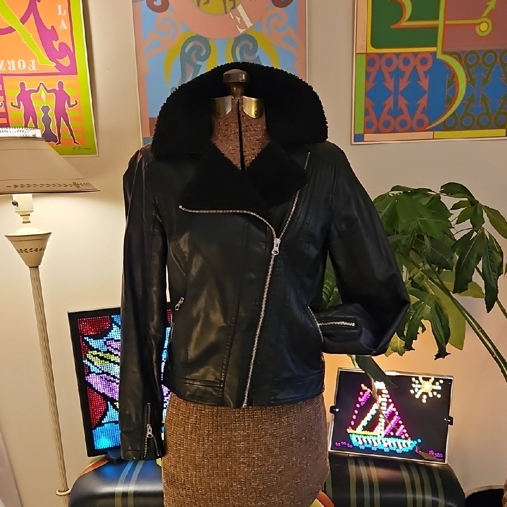 Vintage Ronson Black Shearling Collar Vegan Leather Bomber Jacket Bias Zip Sz S